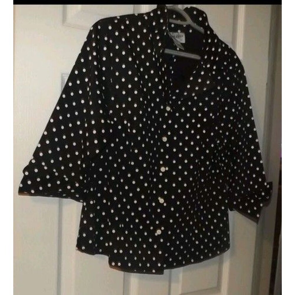 Pendleton Blouse Size L Black White Polka Dot 98% Cotton 2% Spandex Button-Down